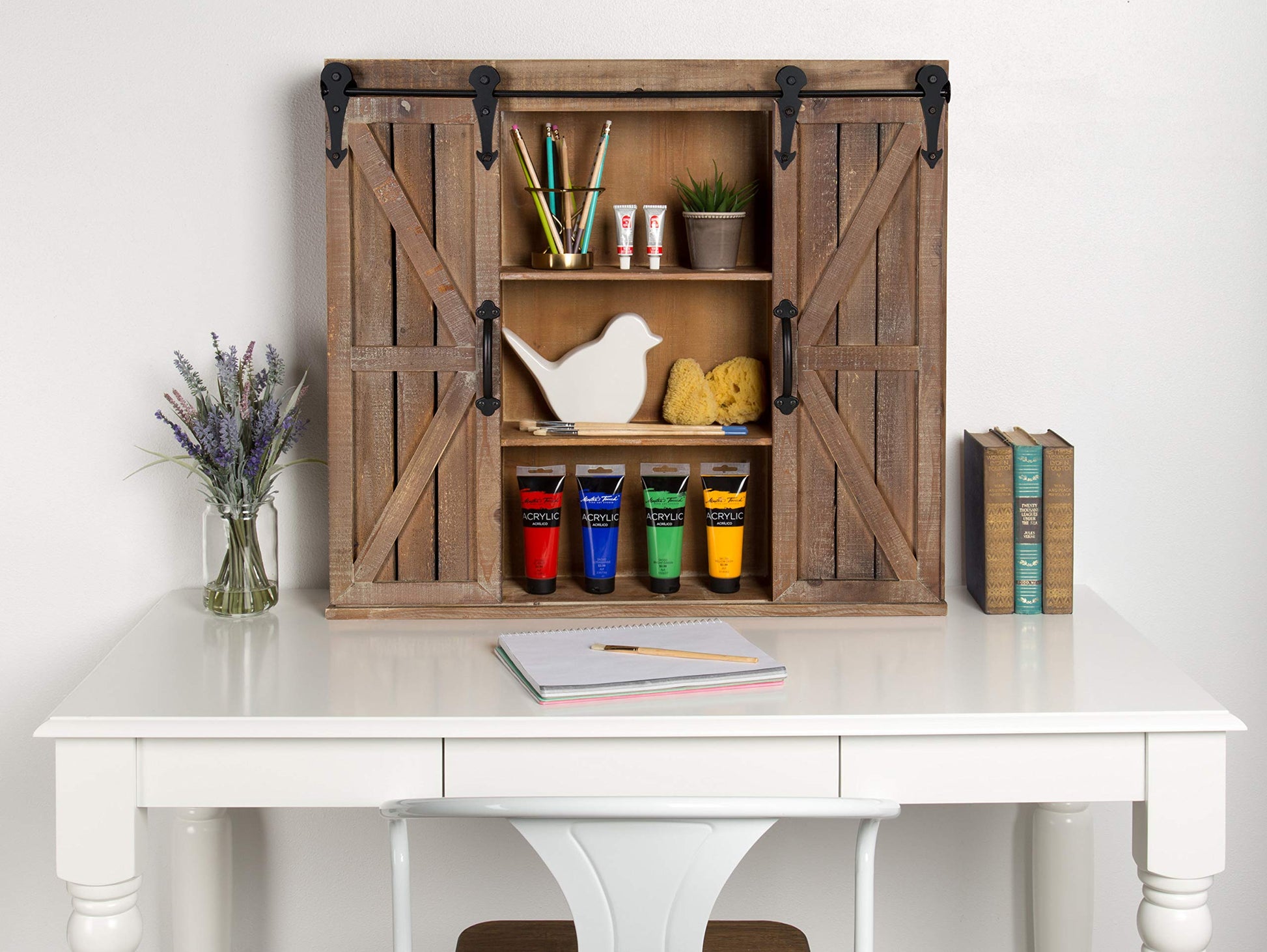 Kate and Laurel Cates Decorative Wood Wall Storage Cabinet with Two Sliding Barn Doors, Rustic Brown - WoodArtSupply