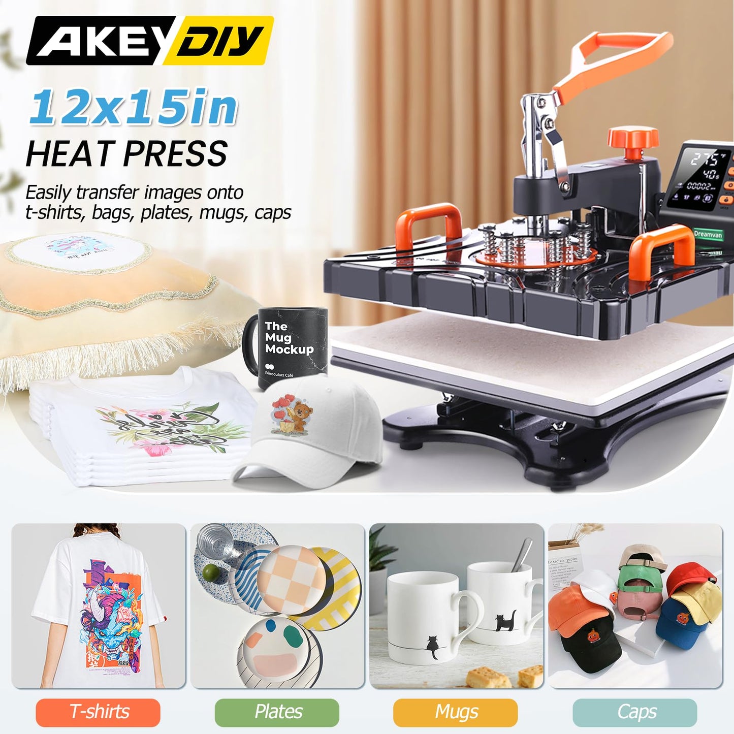 AKEYDIY 8 in 1 Heat Press, 12x15 Inch Heat Press Machine for T-Shirts, 850W Digital Transfer Sublimation T-Shirt Printing Machine, 360° Swing Away - WoodArtSupply