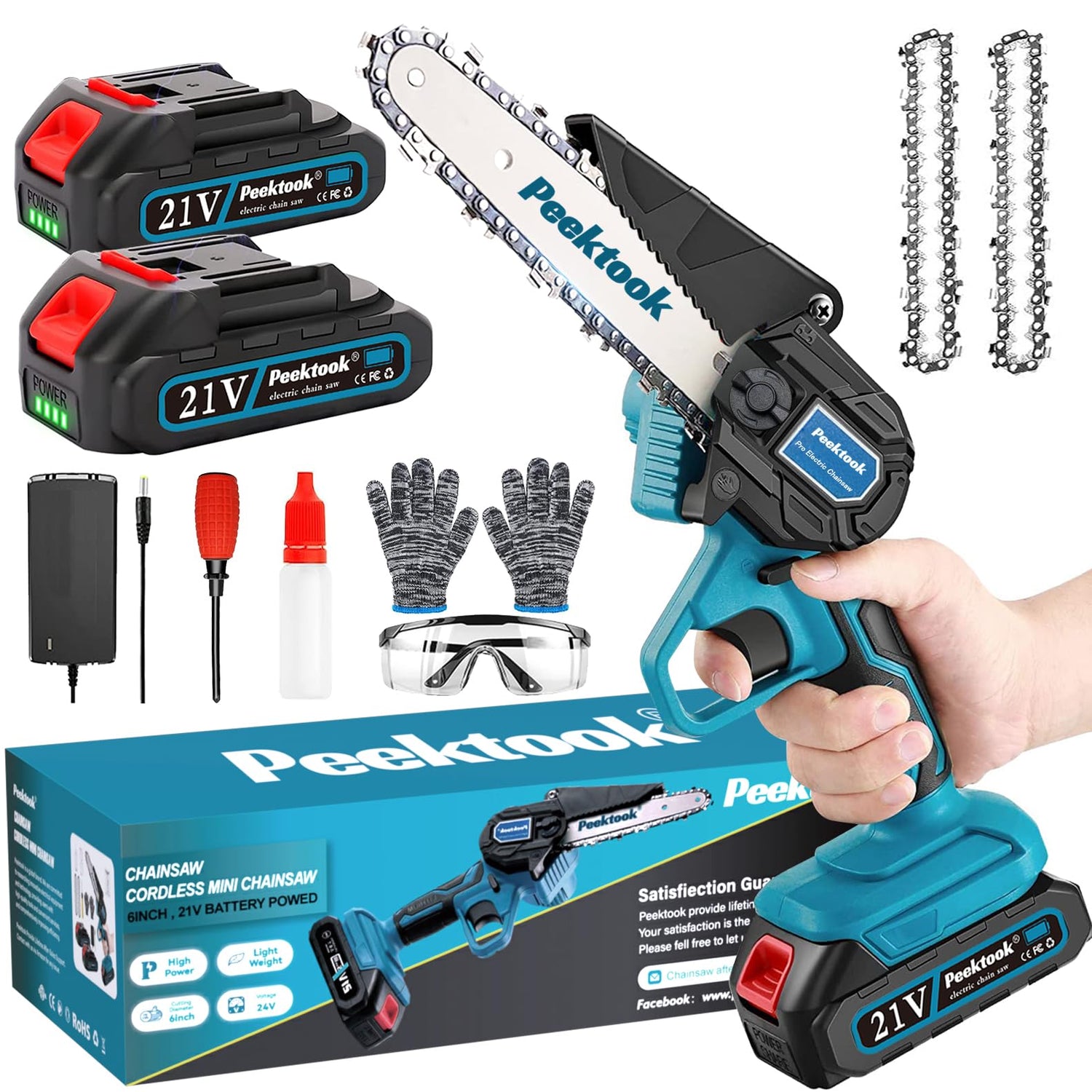 Peektook Mini 6-Inch Electric Cordless Chain saw with 2 Large Capacity Battery & 2 Chains, Light Weight Battery with Safety Lock and Strong Motor for Peektook