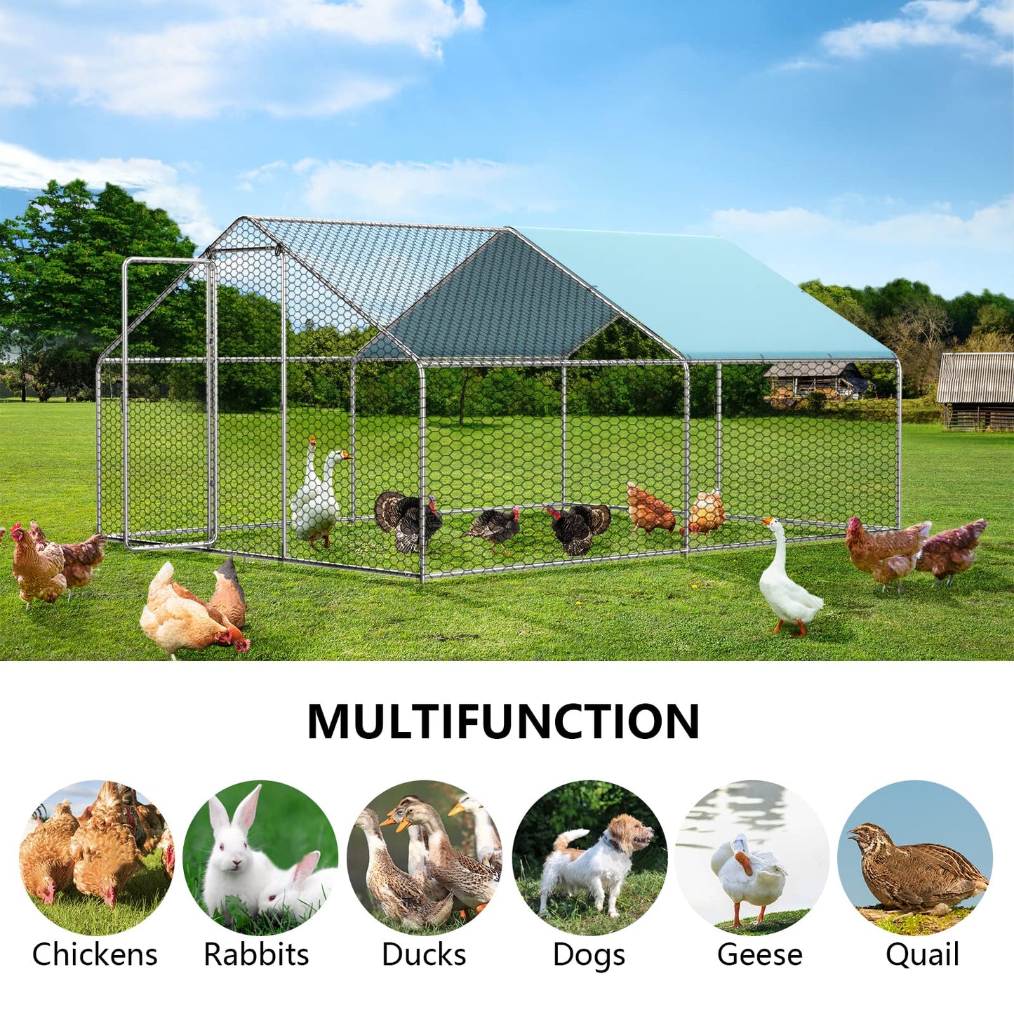 LOVMOR Large Chicken Coop Metal Chicken Run for 10 Chickens,Walk-in Poultry Cage for Yard with Waterproof and Anti-UV Cover Lockable Door