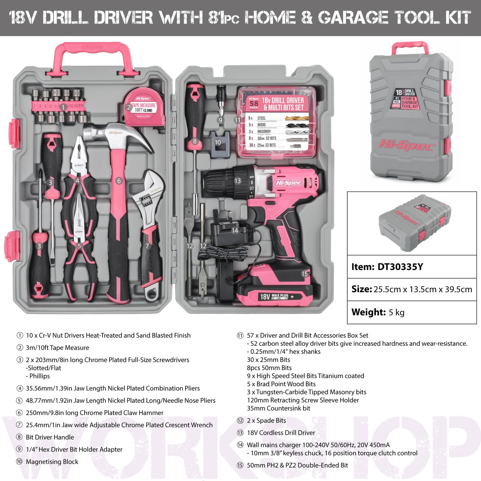 Hi-Spec 81pc Pink 18V Cordless Power Drill Driver. Complete Home & Garage Hand Tool Kit Set for DIY - WoodArtSupply