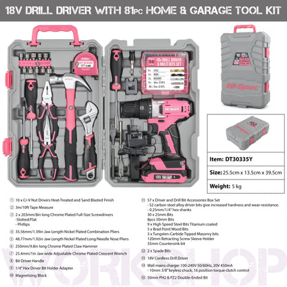 Hi-Spec 81pc Pink 18V Cordless Power Drill Driver. Complete Home & Garage Hand Tool Kit Set for DIY - WoodArtSupply