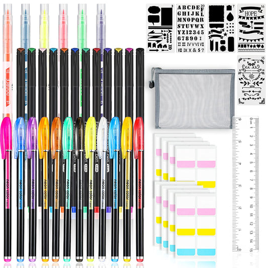 45 Pieces Bible Journal Kit Bible Gel Highlighters Colored Fine Point Markers Double Highlighters Pens Self-Stick Tabs Bag Journaling Stencil Bible - WoodArtSupply