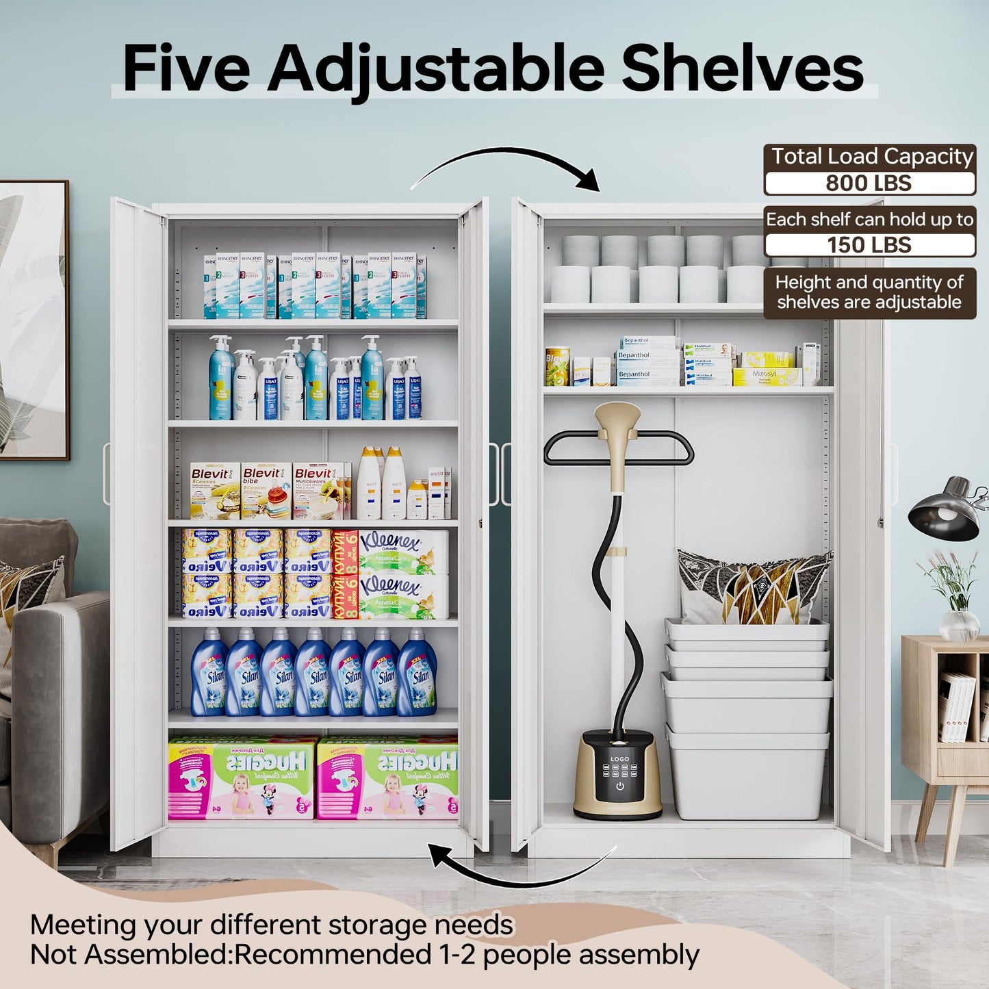 AFAIF Metal Garage Cabinets, 72" Tall Locking Storage Cabinets with 2 Doors and 5 Adjustable Shelves, Steel Utility Tool Cabinet, White Lockable