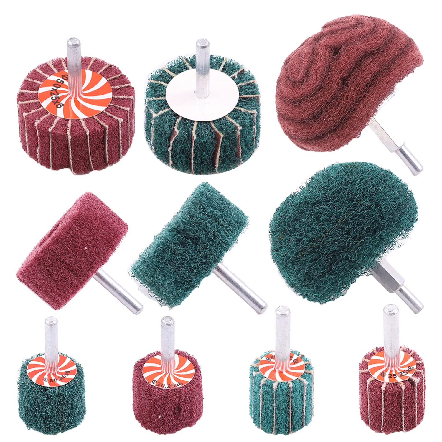 Glarks 10 Pack Non Woven Abrasive Wheel Drill Buffing Attachment Set, Red and Green Scouring Pads Power Scrubber Cleaning Kit with 1/4" Shank for Glarks