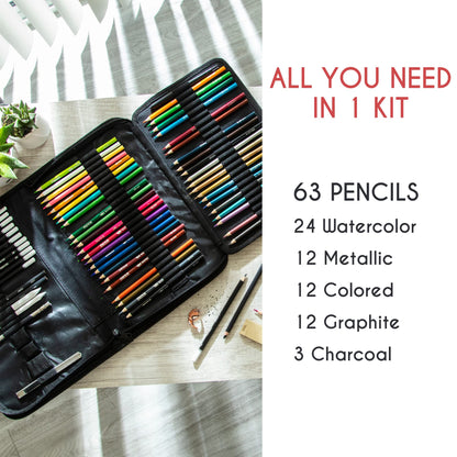 Zenacolor 74 Pack Drawing Set, Pro Art kit include Sketchbook, Colored, Graphite, Watercolor, Metallic & Charcoal Pencils for Drawing + Accessories,