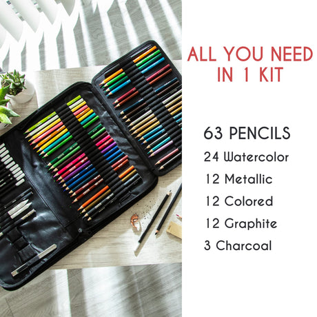 Zenacolor 74 Pack Drawing Set, Pro Art kit include Sketchbook, Colored, Graphite, Watercolor, Metallic & Charcoal Pencils for Drawing + Accessories, Zenacolor