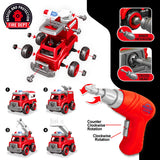 4-in-1 Take Apart Toys Truck with Electric Drill, DIY Assembly Fire Truck Toy Vehicles, Kids STEM Building Educational Cars Toys, Birthday Gifts for Toyk