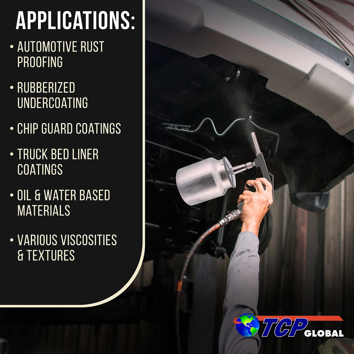 TCP Global Air Undercoating Spray Gun with Suction Feed Cup - Apply Sprayable Truck Bed Liner Coating, Rubberized Undercoat, Rust Proofing, Chip TCP Global