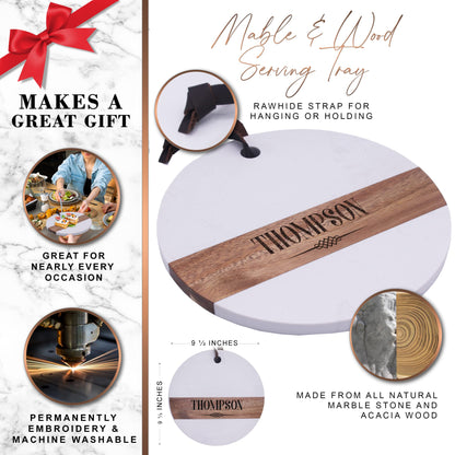 The Wedding Party Store Custom Personalized Round Marble and Acacia Meat, Cheese, Charcuterie Serving Board Platter with Leather Hanging Strap - WoodArtSupply