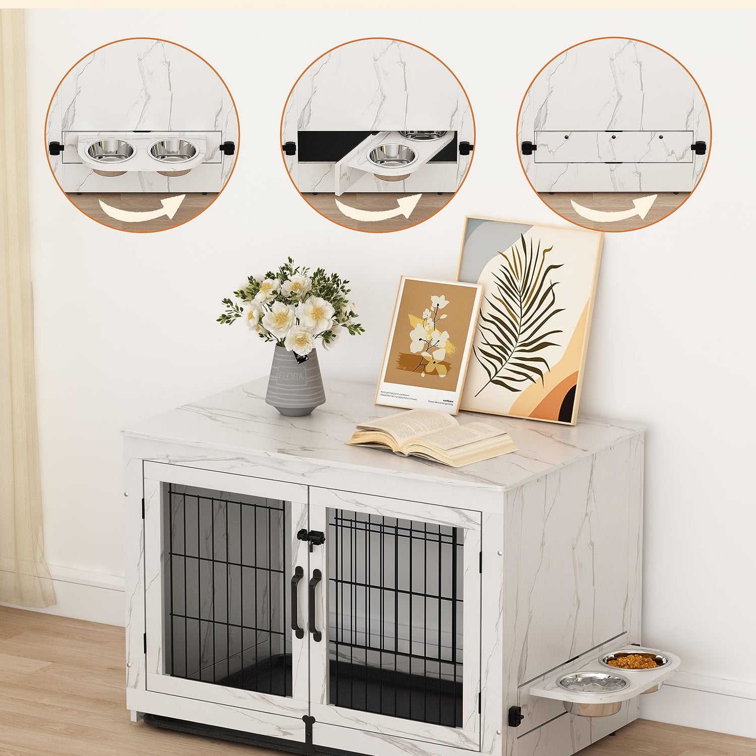 Piskyet Wooden Dog Crate Furniture with 360°Rotatable Removable Dog Bowls, Dog Crate End Table with Tray, Double Doors Dog Kennels for Medium Dogs Piskyet