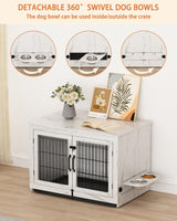 Piskyet Wooden Dog Crate Furniture with 360°Rotatable Removable Dog Bowls, Dog Crate End Table with Tray, Double Doors Dog Kennels for Medium Dogs Piskyet