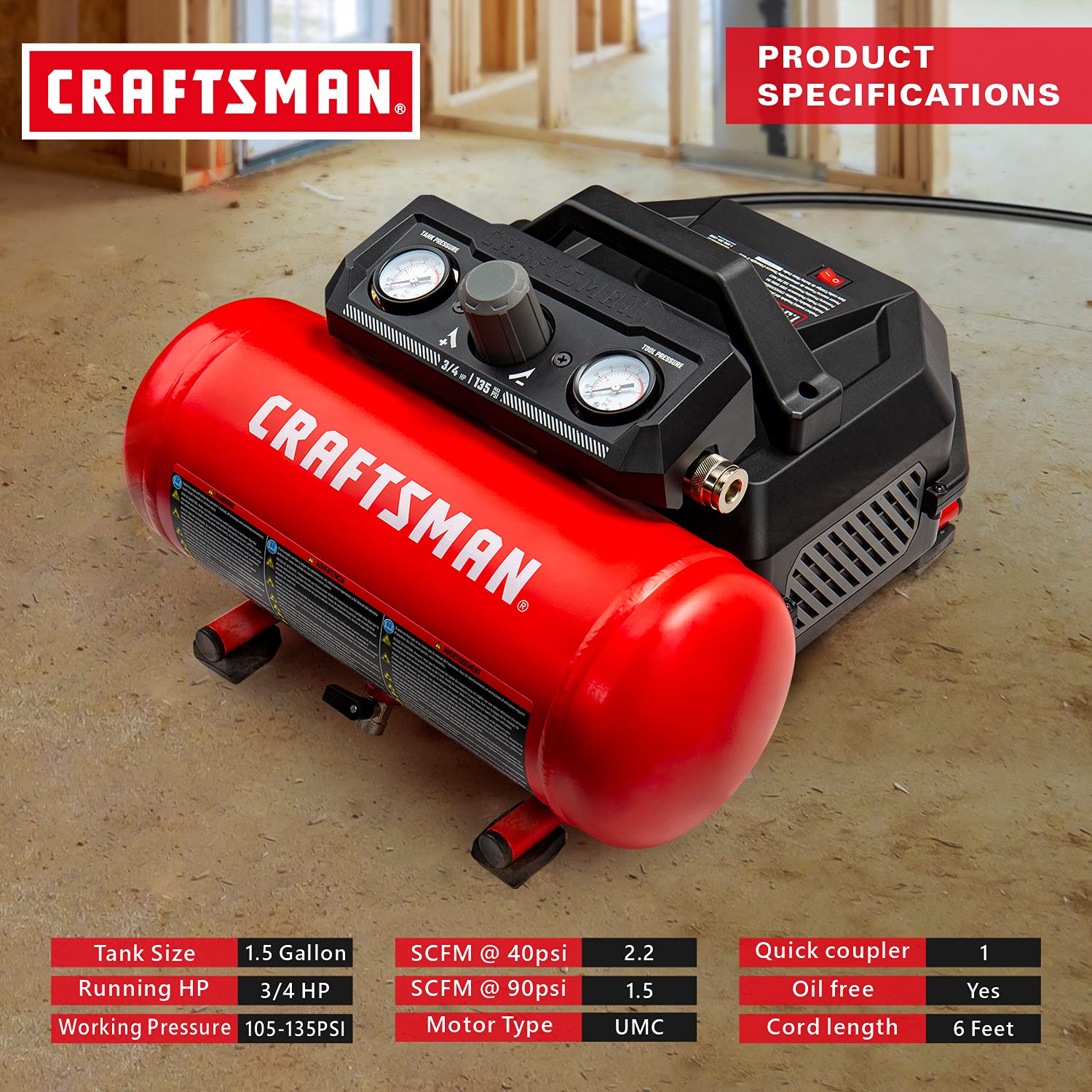 Craftsman Air Compressor, 1.5 Gallon 3/4 HP Max 135 PSI Pressure, 1.5 CFM@90psi and 2.2 CFM@40psi, Stainless Steel Portable Oil Free Maintenance Free - WoodArtSupply