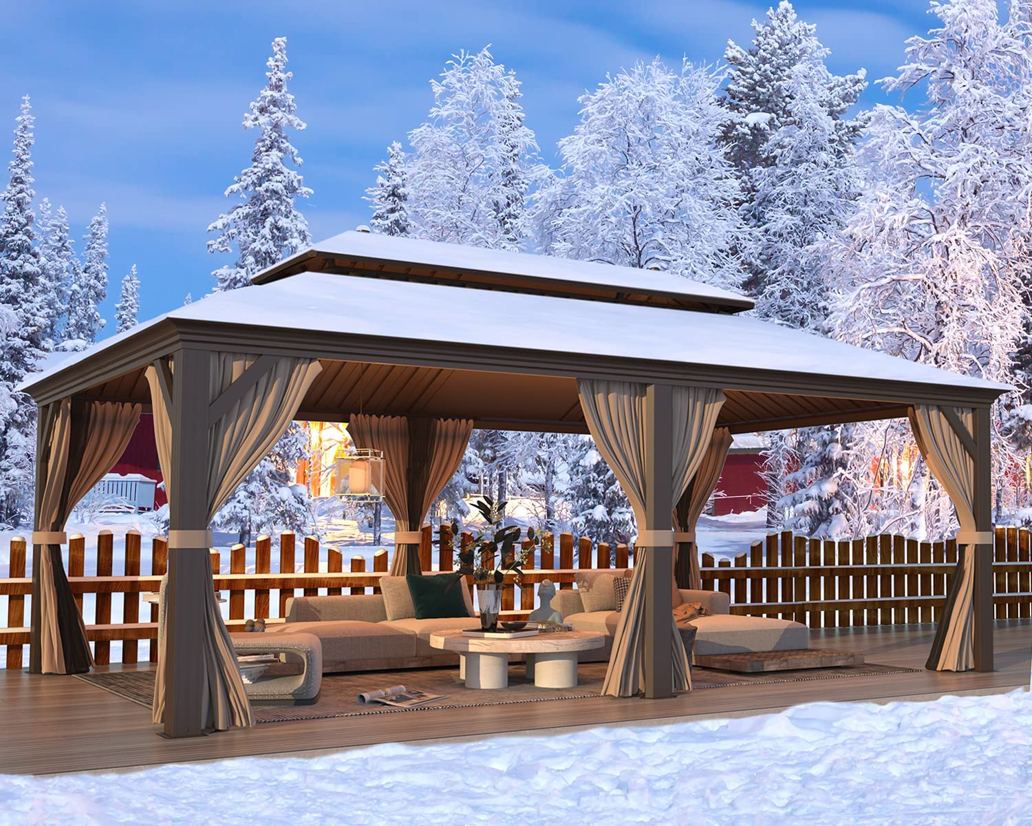 MELLCOM 12' x 20' Hardtop Gazebo,Galvanized Steel Metal Double Roof Gazebo with Curtain and Netting,Brown Permanent Pavilion Gazebo with Aluminum MELLCOM