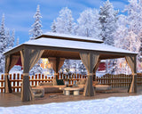 MELLCOM 12' x 20' Hardtop Gazebo,Galvanized Steel Metal Double Roof Gazebo with Curtain and Netting,Brown Permanent Pavilion Gazebo with Aluminum MELLCOM