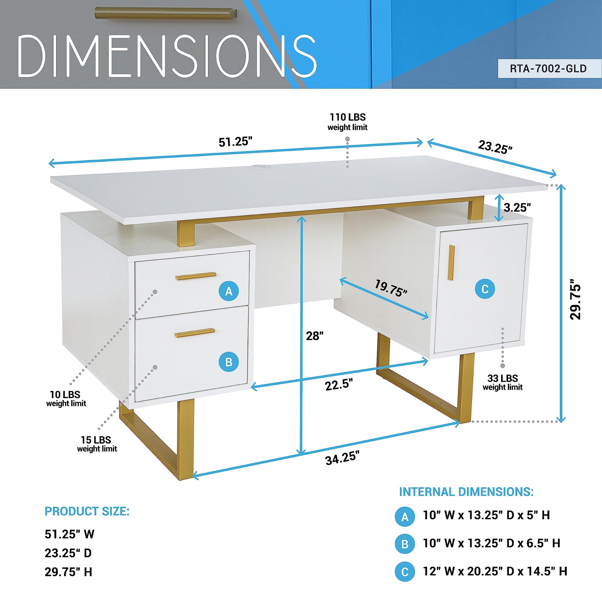 Techni Mobili Storage Drawers and Cabinet 51.25” W-Modern Office Large Floating Desktop Surface Desk, White/Gold - WoodArtSupply