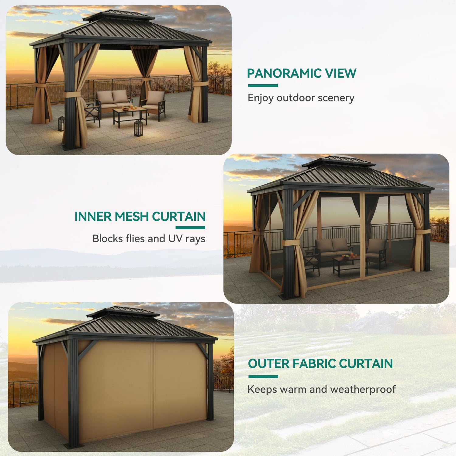 YITAHOME 10x12ft Gazebo Double Roof Canopy with Netting and Curtains, Outdoor Gazebo 2-Tier Hardtop Galvanized Iron Aluminum Frame Garden Tent for YITAHOME