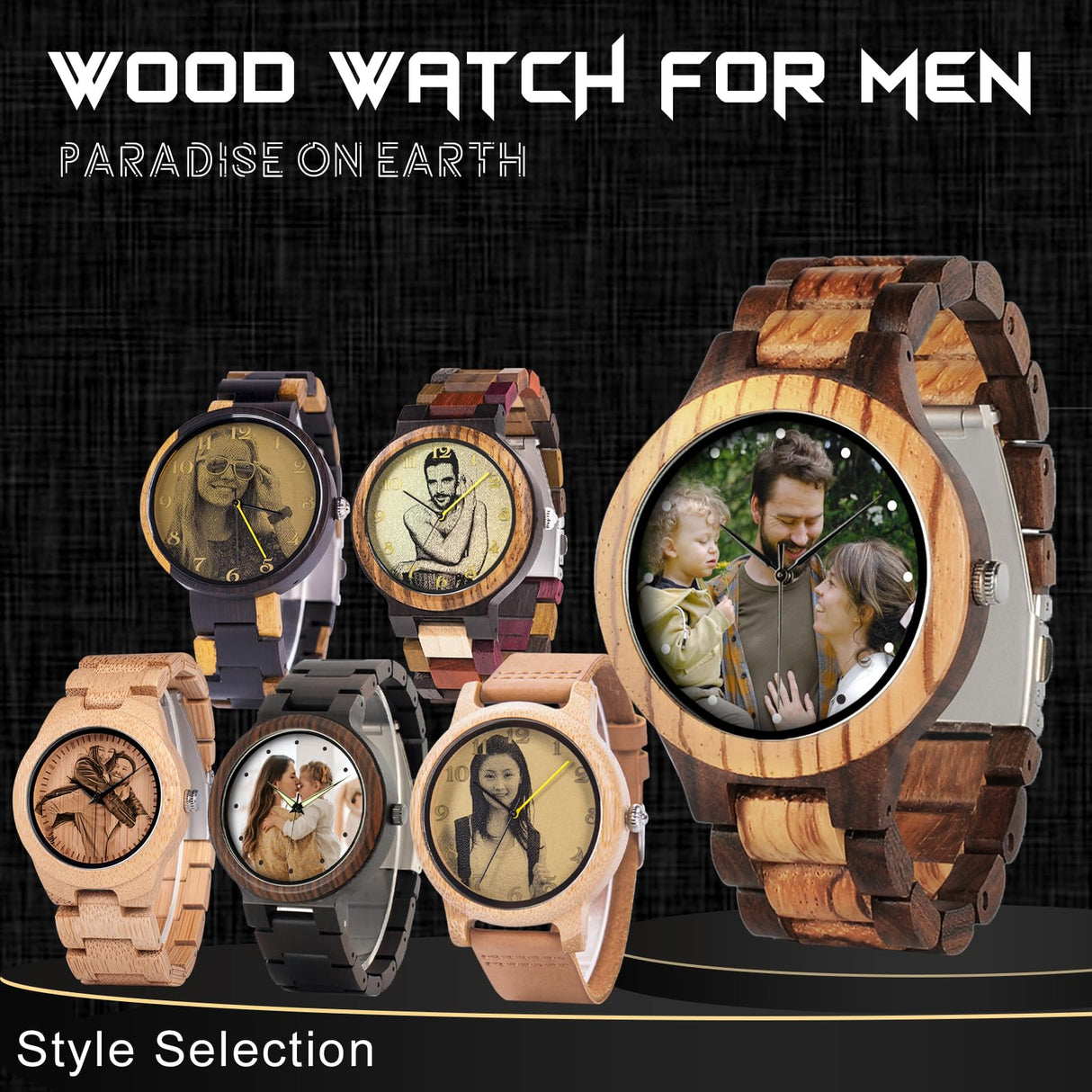 Personalized Customized Wooden Watch for Men Original Engraved Photo Natural Wood Watches with Adjustable Wristband for Birthday Anniversary Present DB-WINNER