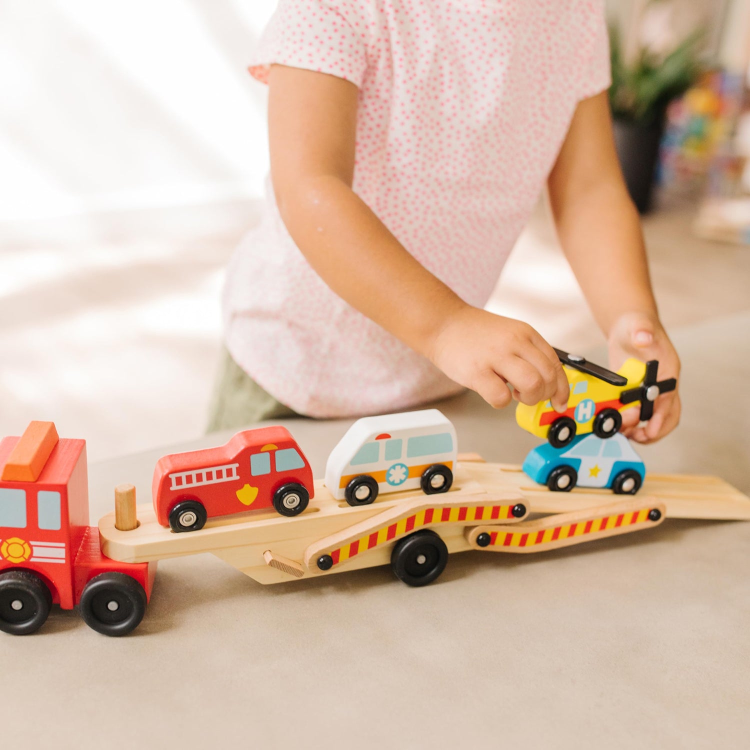 Melissa & Doug Wooden Emergency Vehicle Carrier Truck With 1 Truck and 4 Rescue Vehicles Melissa & Doug
