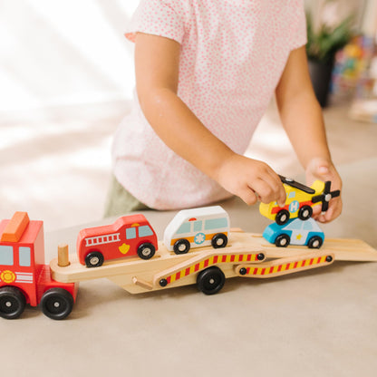 Melissa & Doug Wooden Emergency Vehicle Carrier Truck With 1 Truck and 4 Rescue Vehicles - WoodArtSupply