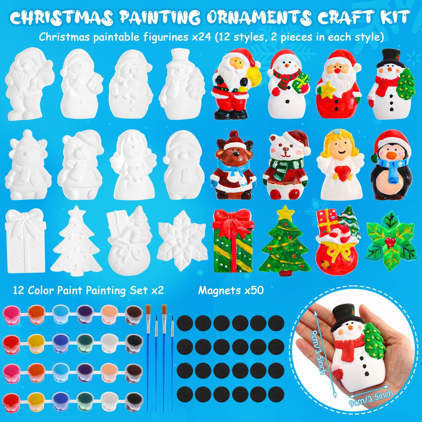 Soaoo 24 Pcs Christmas DIY Painting Kit, Unpainted Ceramic Crafts Kits for Kids, Design and Paint Your Own Xmas Tree Snowman Statues with 50 Magnets - WoodArtSupply