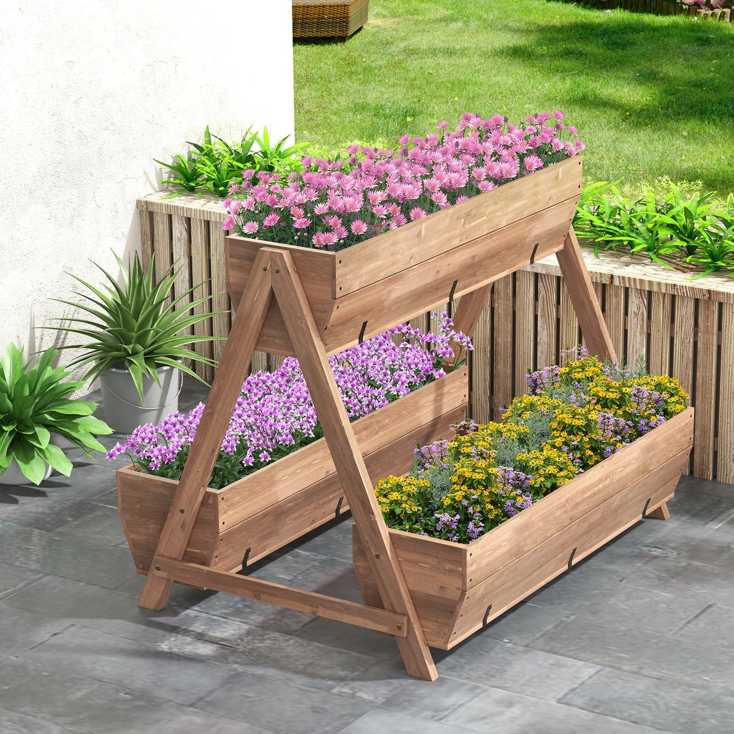 CLEEMAN Vertical Raised Garden Bed, Tiered Wooden Flower Bed with 3 Planter Boxes and 6 Drainage Holes for Vegetable, Flower, Fruit, Indoor Outdoor