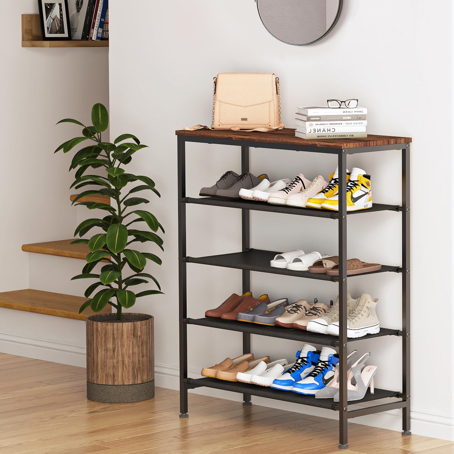 Z&L HOUSE 5 Tier Shoe Rack Organizer for Entryway, Sturdy Black Metal Framed Free Standing Shoe Shelf, Uniquely Versatile and Spacious Wood Top