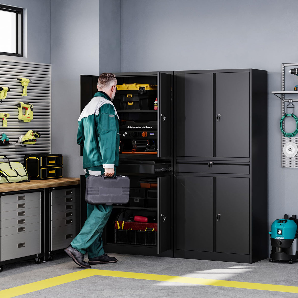 Letaya Metal Garage Storage Cabinet with Drawer,4 Door Tool Cabinet with Lock-2 Adjustable Shelves for Garage Home Office Utility Room (Black) Letaya