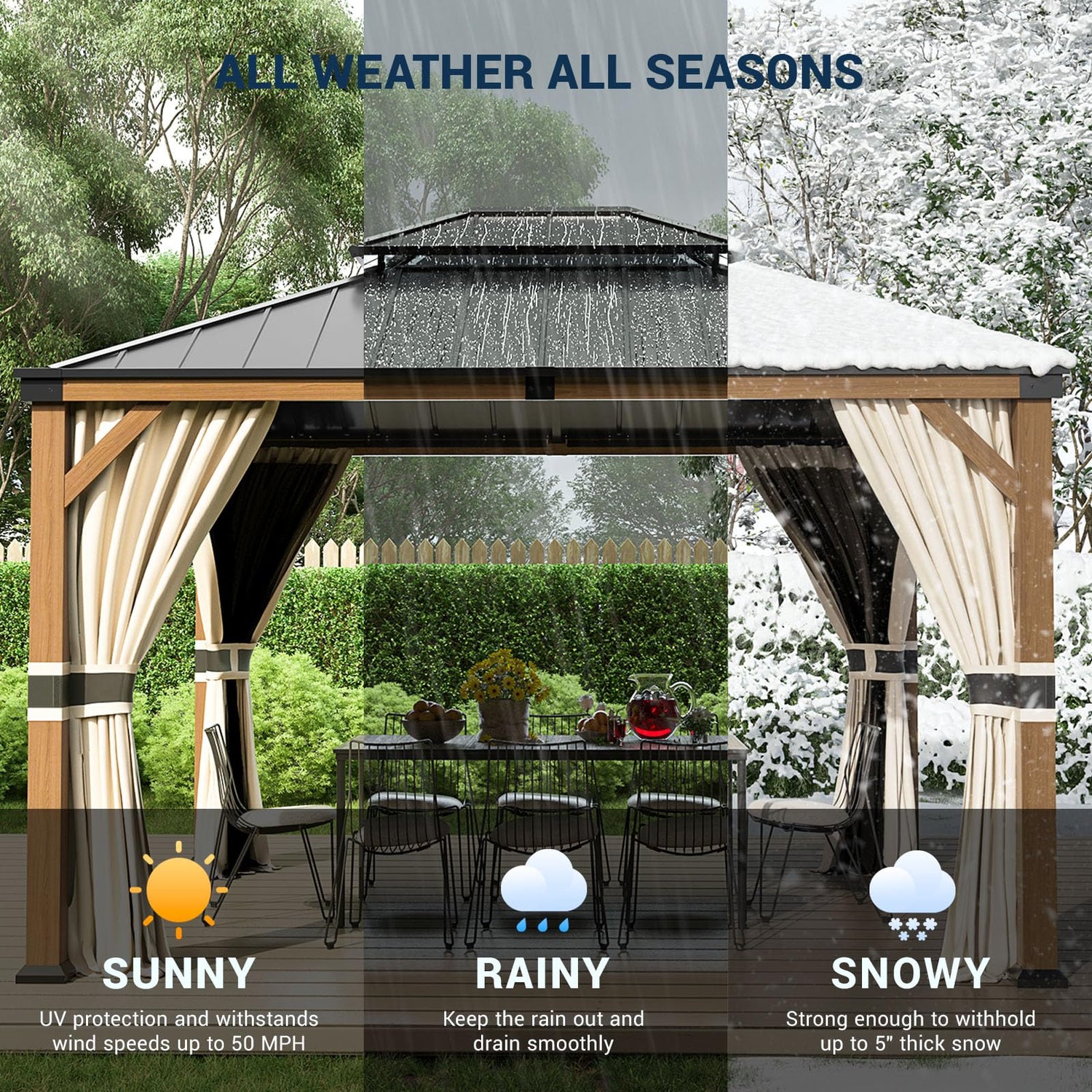 UDPATIO 10' x 12' Hardtop Gazebo, Wood Grain Finish Aluminum Frame Outdoor Gazebo with Galvanized Steel Double Roof, Metal Gazebo Canopy with Curtain UDPATIO