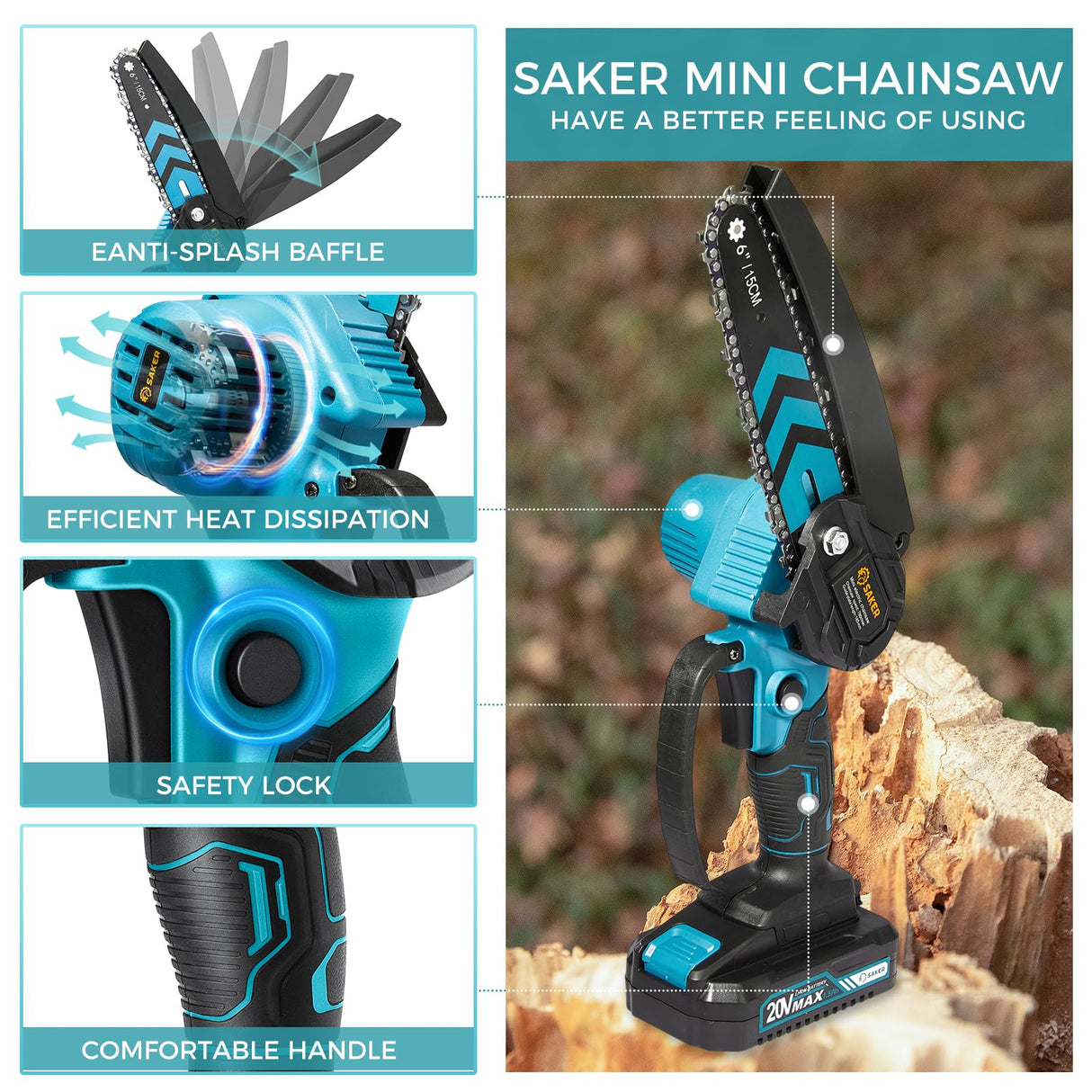 Saker Mini Chainsaw,6 Inch Portable Electric Chainsaw Cordless, Small Handheld Chain saw for Tree Branches,Courtyard, Household and Garden,By 2PCS Saker