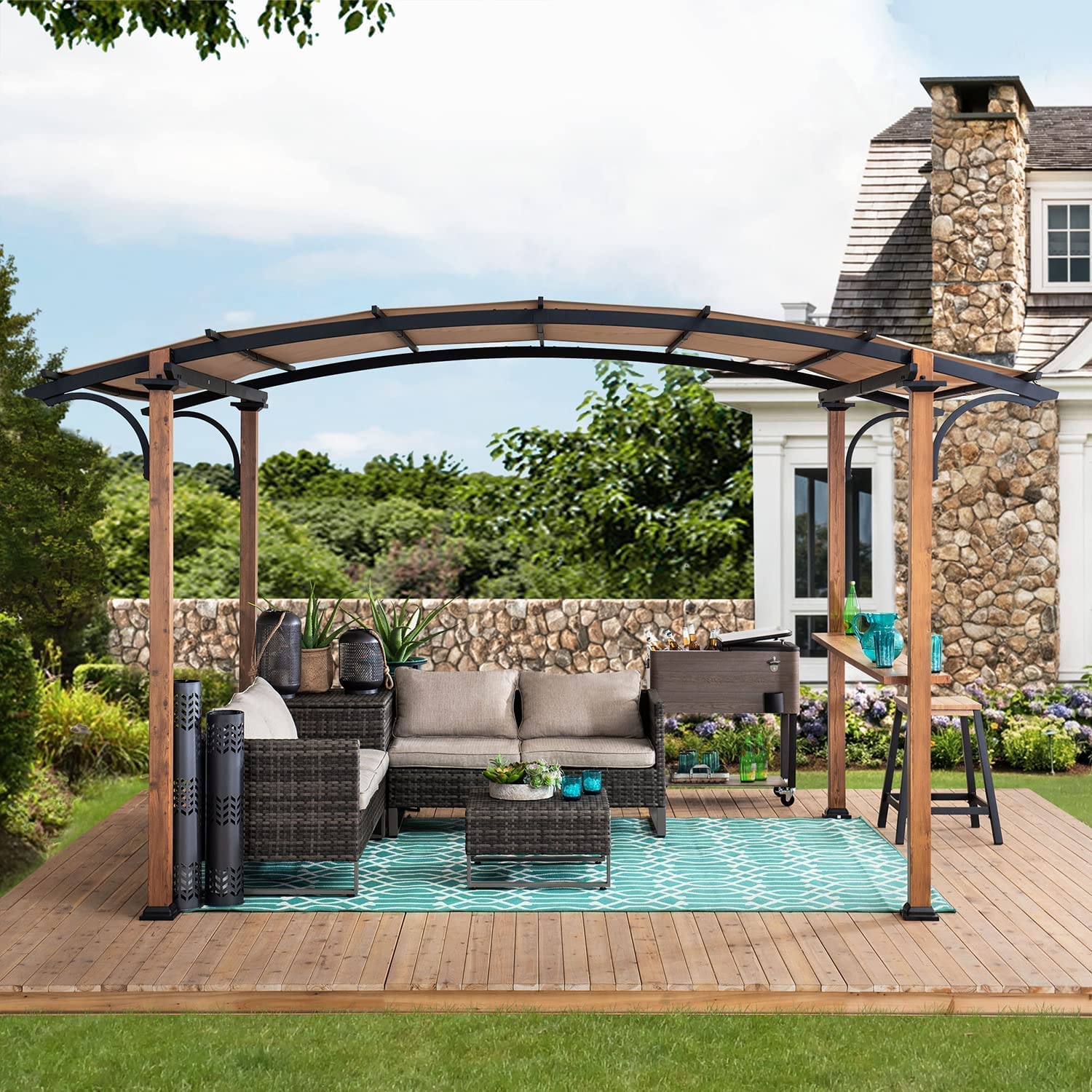 Sunjoy Outdoor Pergola 8.5 x 13 ft. Steel Arched Pergola with Tan Weather-Resistant Fabric Canopy for Patio, Backyard, Garden Activities - WoodArtSupply