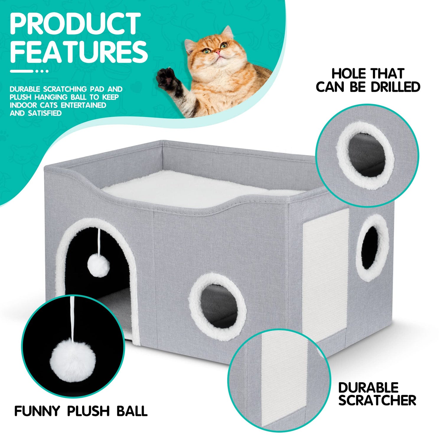 Heeyoo Cat House for Indoor Cats - Large Cat Bed Cave with Fluffy Ball and Scratch Pad, Foldable Cat Condos, Cat Cubes, Cat Hideaway, Covered Cat Bed Heeyoo