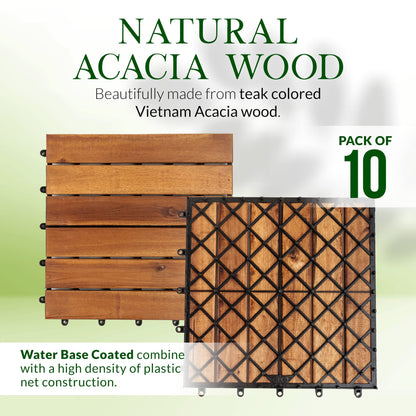 Acacia Wood Interlocking Deck Tiles for Outdoor/Indoor - (Pack of 10) 12"x12" All Weather Balcony Flooring - Snap Click Together Patio Tiles -