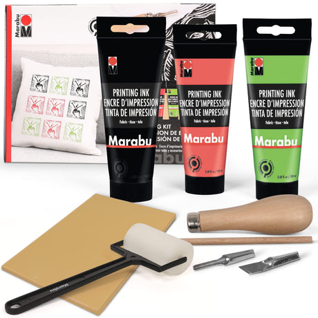 Marabu Block Printing Kit - Linocut Kit with 3 x 100ml Block Printing Ink, Cutter, Rubber Block, and Block Printing Brayer Roller - Linoleum Marabu