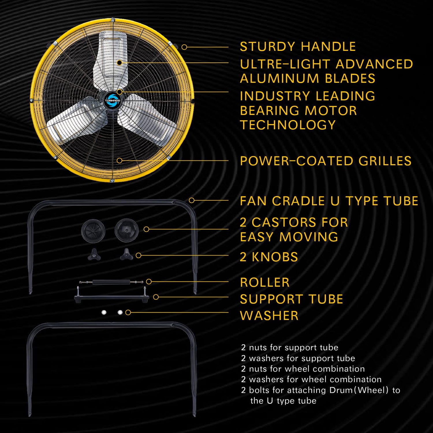 Tornado - 24 Inch High Velocity Heavy Duty Tilt Metal Drum Fan Yellow Commercial, Industrial Use 3 Speed 8540 CFM Tornado