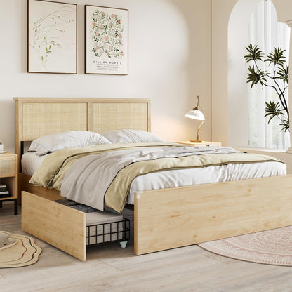 Natural Rattan Headboard Queen Bedframe with 4 Storage Drawers and Footboard, Boho Wooden Platform Bed with Sturdy Steel Frame and Strong Wooden