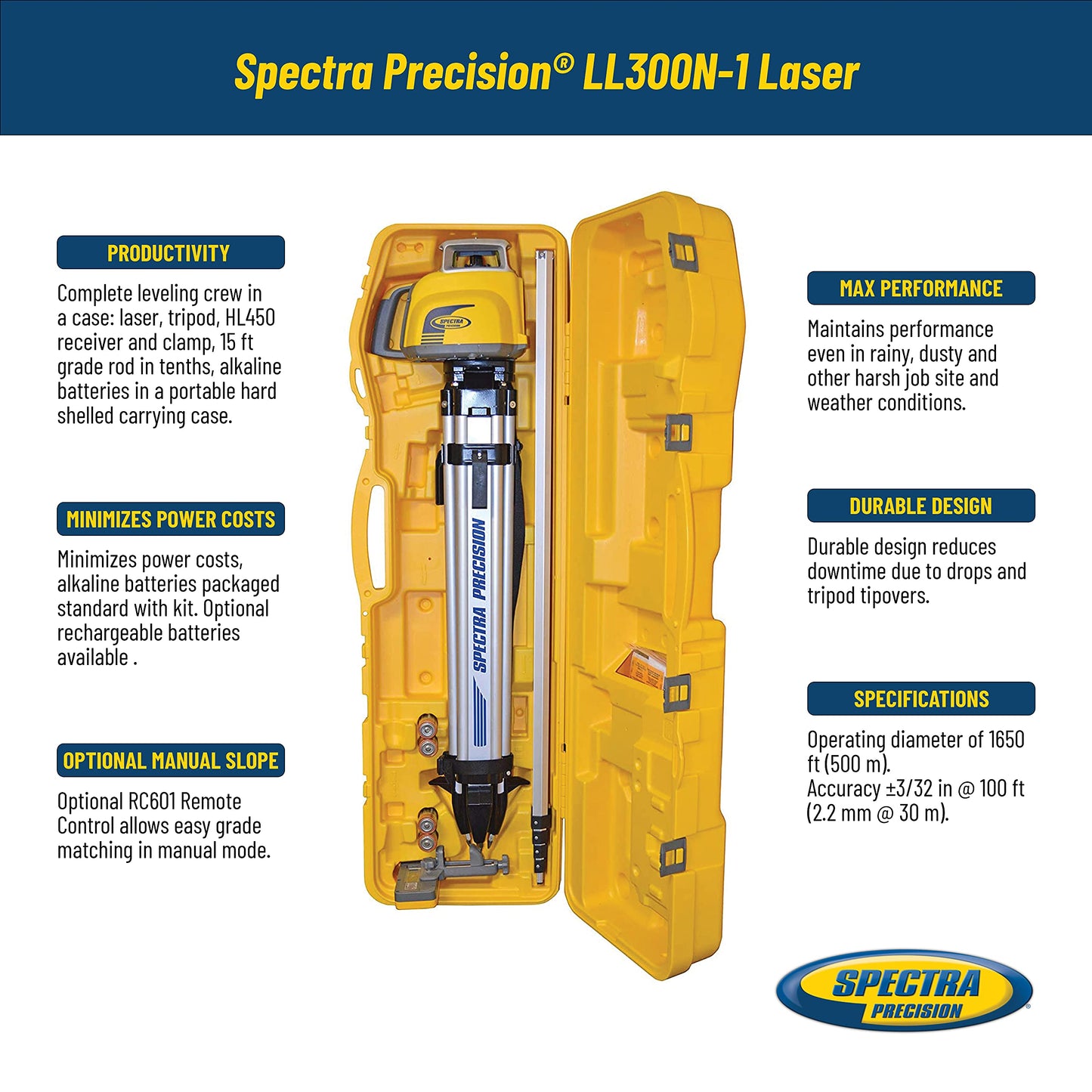 Spectra Precision LL300N-1 Laser Level, Self Leveling Kit with HL450 Receiver, Clamp, 15' Grade Rod / 10ths and Tripod , Yellow - WoodArtSupply