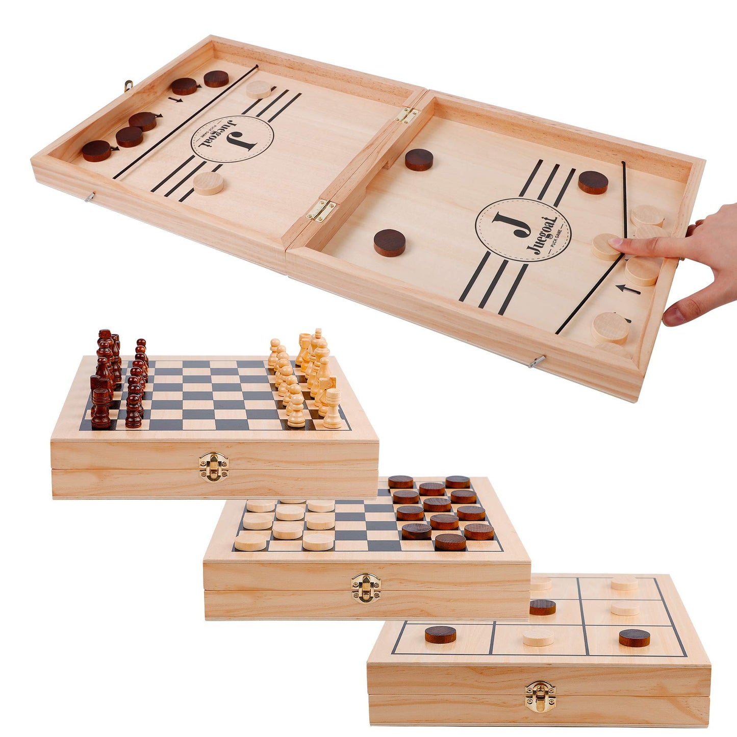 Juegoal 4-in-1 Wooden Fast Sling Puck Set for Kids and Adults, Chess, Checkers, Tic Tac Toe Games, Travel Portable Folding Tabletop Chess Board Game - WoodArtSupply