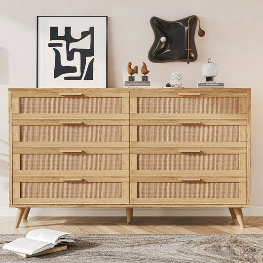 Rovaurx 8 Drawer Double Dresser for Bedroom, Rattan Chest of Dressers, Modern Wooden Dresser Chest with Golden Handles, Beside Table for Closet, - WoodArtSupply