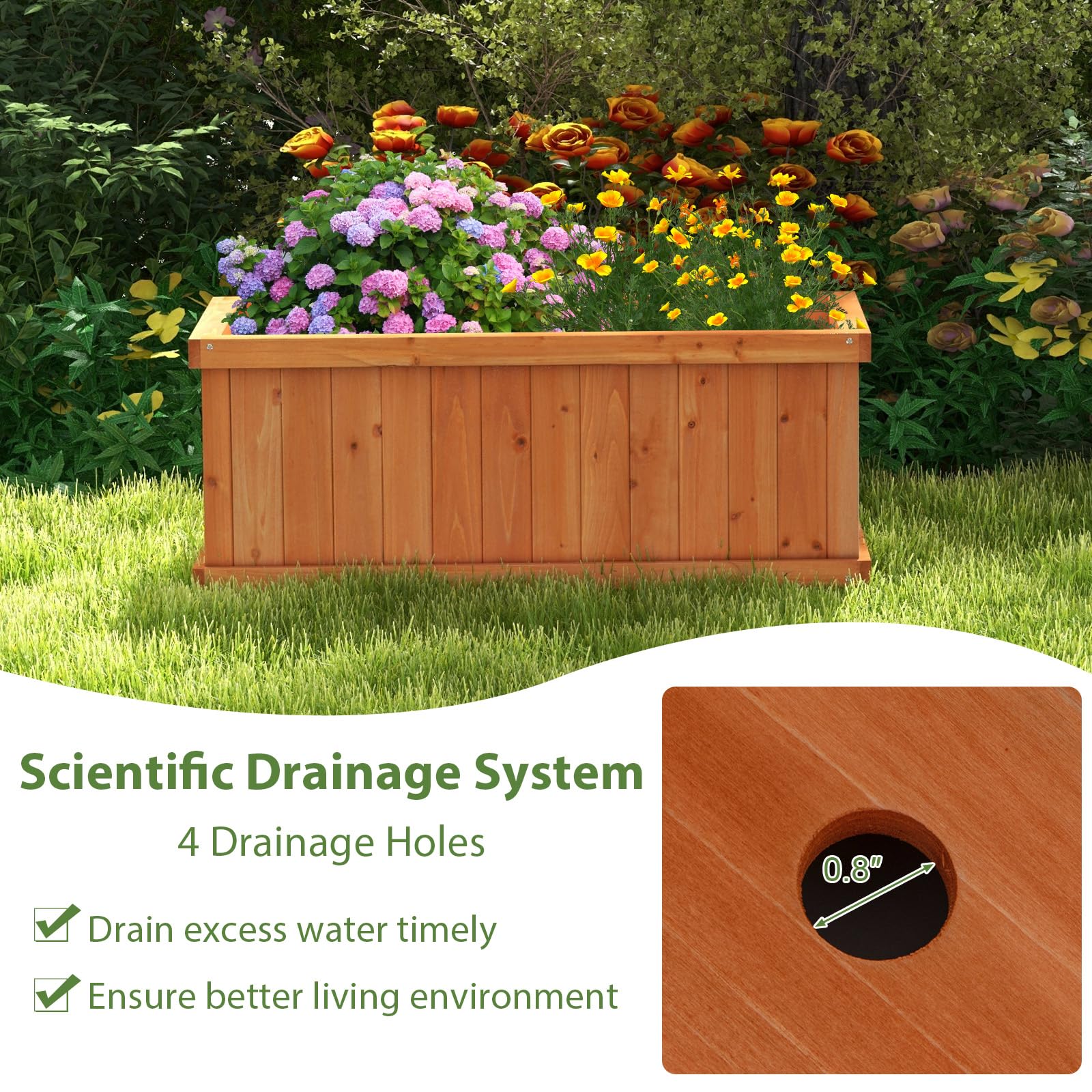 Giantex Raised Garden Bed, 31”x14”x12” Wooden Planter Box with 4 Drainage Holes & Detachable Bottom Panels, Elevated Flower Bed, Rectangular Plant - WoodArtSupply