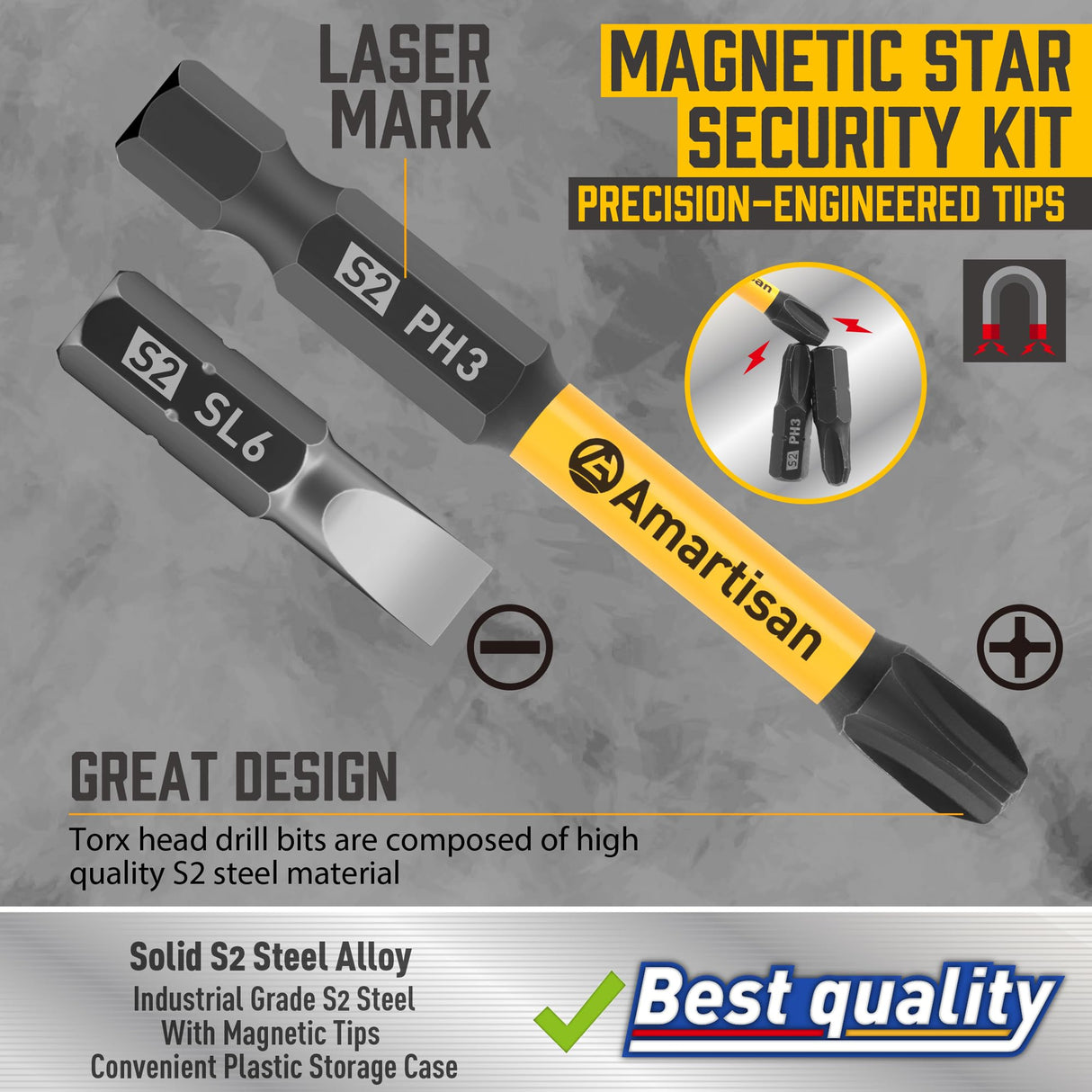 Amartisan 24-piece Screwdriver Bit Set | Magnetic Slotted Phillips driver bit set | S2 Steel, long 1" and 2.3" Head Drill Bits Set Amartisan