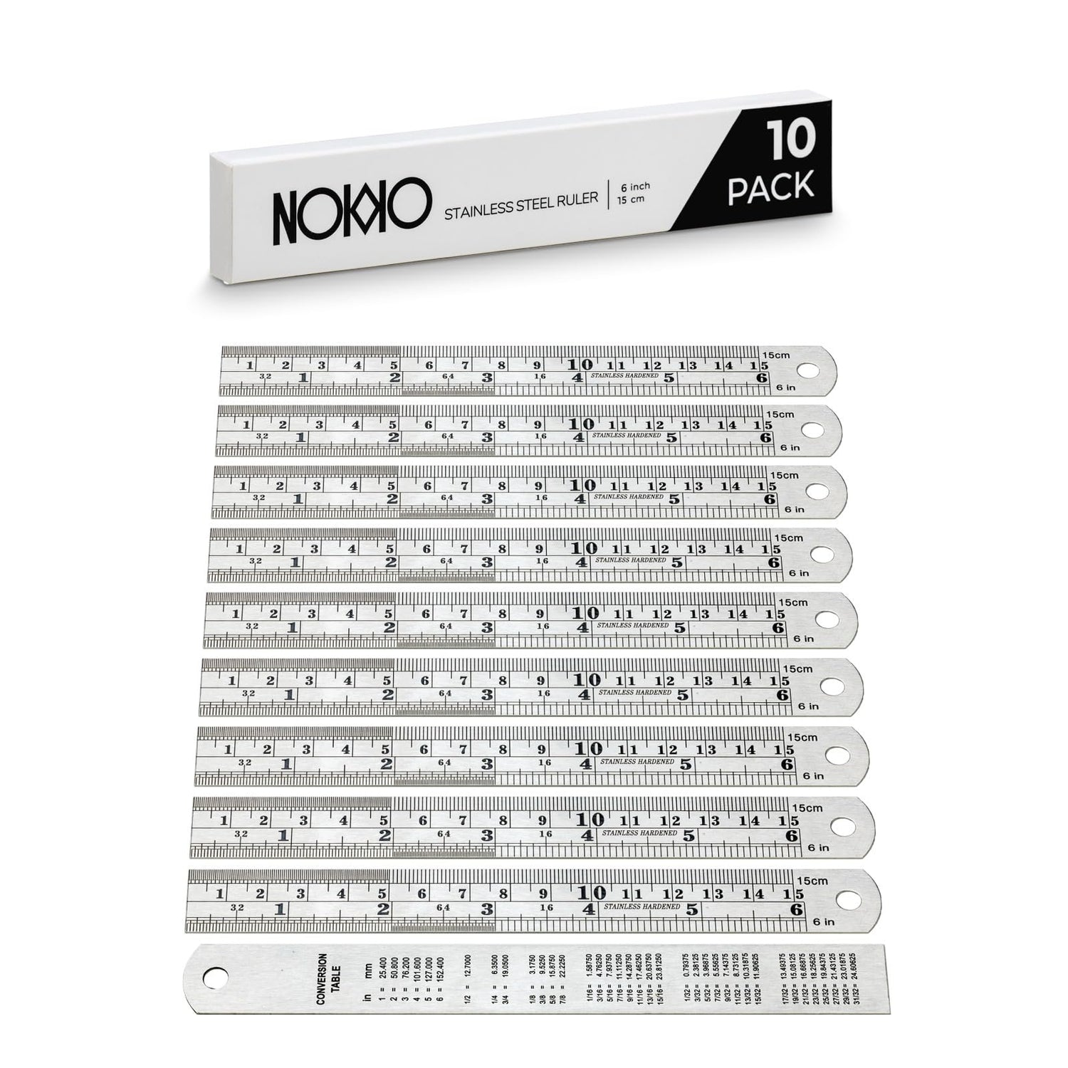 NOKKO Metal Ruler 6 Inch - Pack of 10 - Stainless Steel Ruler Set with Straight Edge Rulers - Precise Metric & Imperial Measurements - Ideal for NOKKO