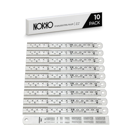 NOKKO Metal Ruler 6 Inch - Pack of 10 - Stainless Steel Ruler Set with Straight Edge Rulers - Precise Metric & Imperial Measurements - Ideal for NOKKO