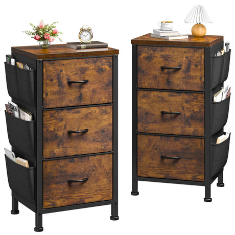 EnHomee Nightstand Set of 2, Night Stand with 3 Drawers for Bedroom, Bedside Table with Wooden Top, Sturdy Steel Frame End Table, Small Dresser for EnHomee