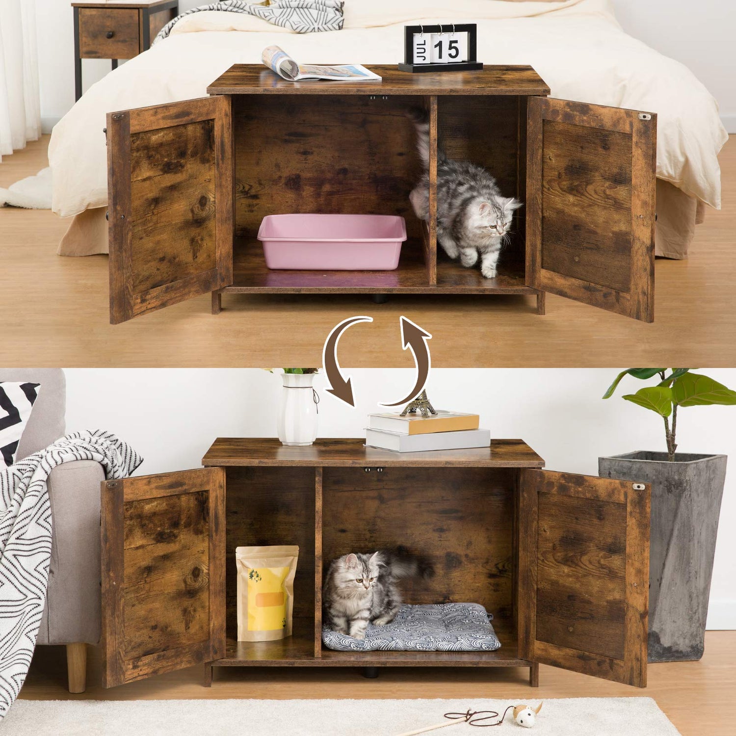 HOOBRO Cat Litter Box Enclosure, Cat Litter Box Furniture with Divider, Hidden Litter Box Furniture, Wooden Pet House, End Side Table, 31.5"L x HOOBRO