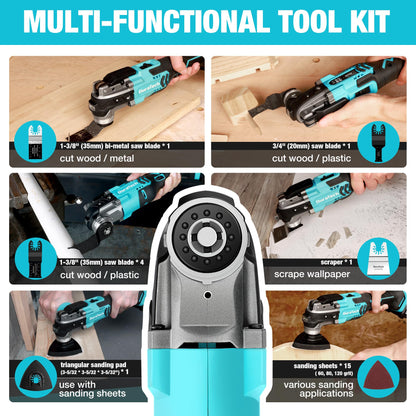 DURATECH Oscillating Tool, 20V Oscillating Multi Tool Kit with 6 Variable Speed, 3° Oscillation Angle, Auxiliary Handle & 23PCS Saw Accessories, - WoodArtSupply