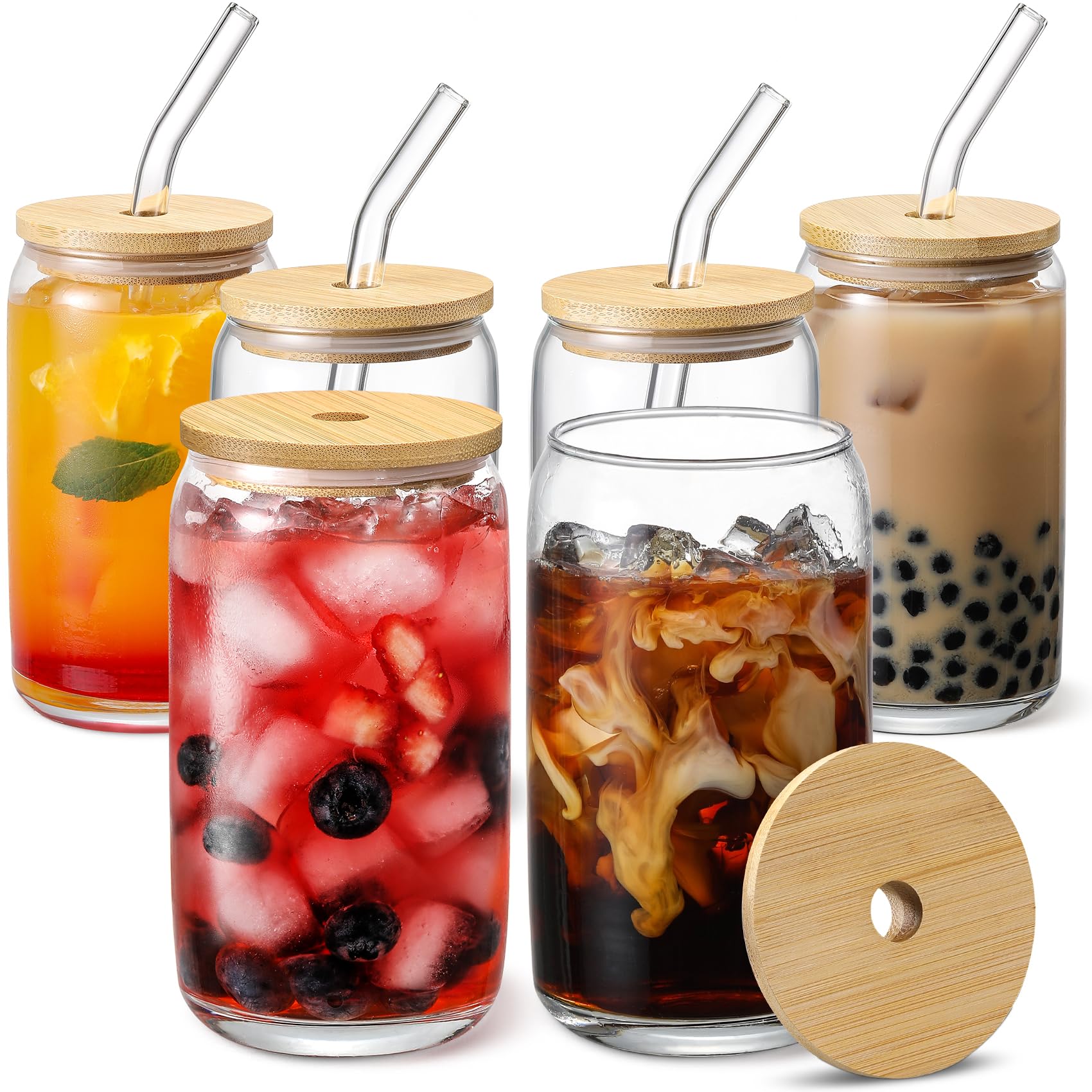 [ 6pcs Set ] Glass Cups with Bamboo Lids and Glass Straw - Beer Can Shaped, 16 oz Iced Coffee Drinking Glasses, Cute Tumbler Cup for Smoothie, Boba - WoodArtSupply