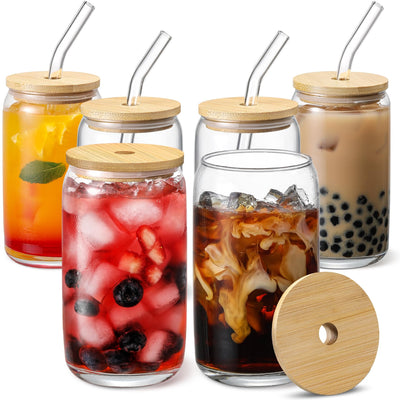 [ 6pcs Set ] Glass Cups with Bamboo Lids and Glass Straw - Beer Can Shaped, 16 oz Iced Coffee Drinking Glasses, Cute Tumbler Cup for Smoothie, Boba