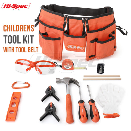 Hi-Spec 16pc Orange Kids Tool Set & Child Size Tool Belt With Real Metal Hand Tools for Building, Woodwork & Construction Learning Hi-Spec