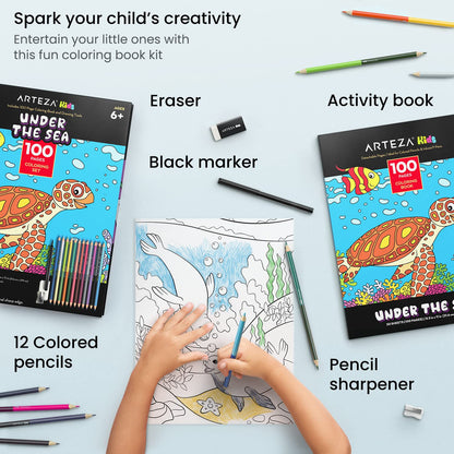 Arteza Kids Coloring Book and Pencils Kit, 8.5x11 Inches, Sea Creature Illustrations, 50 Double-Sided Coloring Sheets, 100-lb Paper, 12 Double-Ended